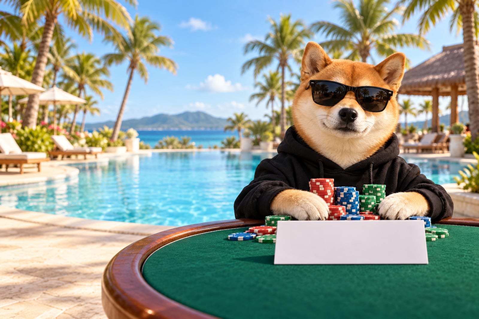 Allinuclusive sits at his poker table with a tropical resort pool and palm trees behind him.